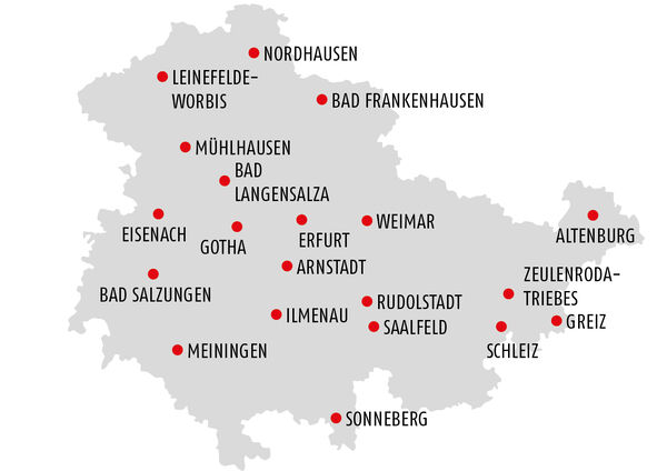 Grafische Darstellung einer Thüringenkarte, wo Städte mit AWO-Verbänden markiertsind