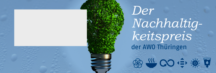 Blauer Slider mit einer Glühbirne aus grünen Blättern mit dem Hinweiß auf den Nachhaltigkeitspreis der AWO