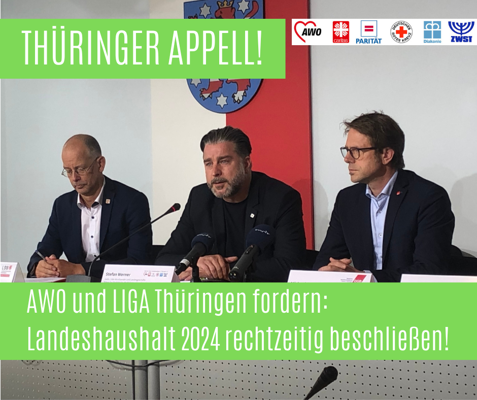 Der stellvertretende Vorsitzende der LIGA Thüringen Stefan Werner (Mitte), DGB Hessen-Thüringen-Vorsitzender Michael Rudolph und Thomas Zirkel, Hauptgeschäftsführer des Landessportbundes, stellten den Appell im Thüringer Landtag vor