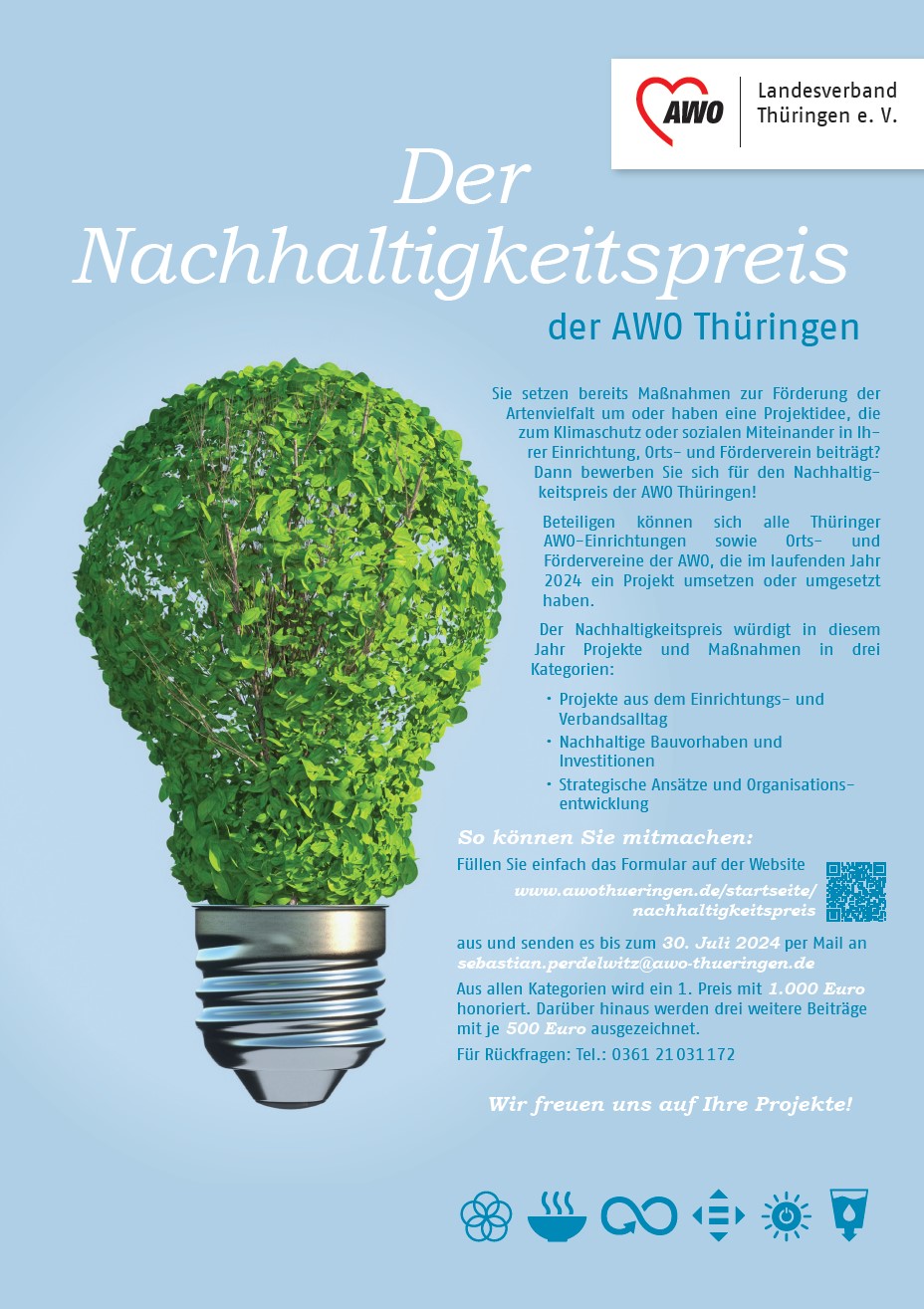 blaues Plakat mit einer Glühbrine aus Blättern, auf dem die Teilnahmebedingungen für den Nachhaltigkeitspreis beschrieben werden