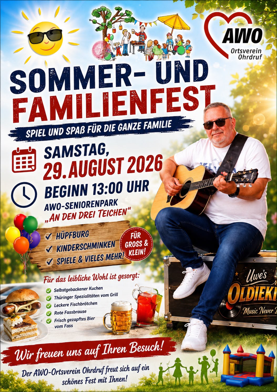 Plakat zum Sommerfest in Ohrdurf mit vielen Informationen und dem Bild eines Gitarre spielenden Mannes auf der rechten Seite