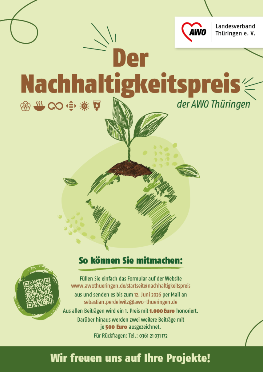 Plakat für den Nachhaltigkeitspreis 2026, grüner Hintergrund in der Mitte ist eine gekritzelte Zeichnung einer Weltkugel dargestellt, aus der ein kleiner Sproß empor wächst